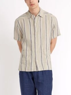 Cuban Short Sleeve Shirt Loughlin Sand -Mizuno Men Clothing Shop ModelOSMS173CubanShortSleeveShirtLOU01SANLoughlinSand7copy