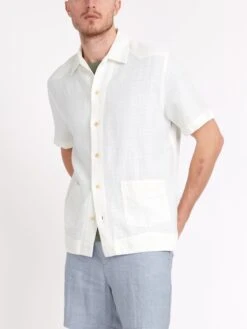 Cuban Short Sleeve Shirt Medley White -Mizuno Men Clothing Shop ModelOSMS173CubanShortSleeveShirtMED01WHIMedleyWhitecopy