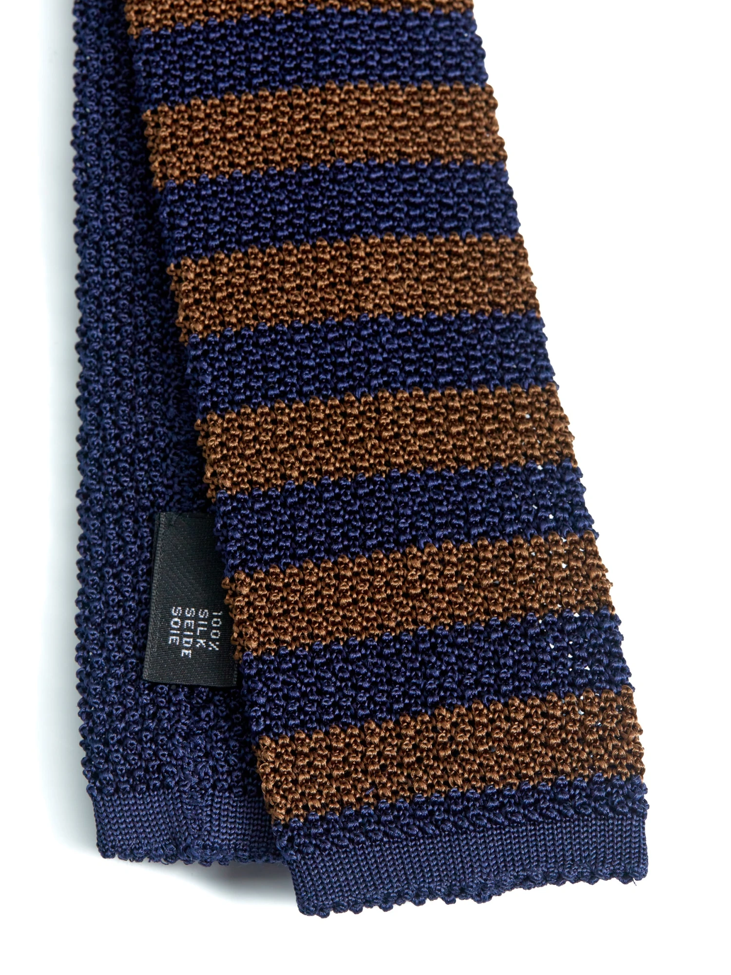 Silk Knitted Tie Navy/Brown Stripe 4 Silk Knitted Tie Navy/Brown Stripe - Image 2